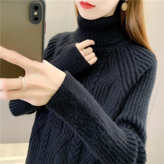 Damen Strickpullover mit hohem Kragen und feinem Zopfmuster EB