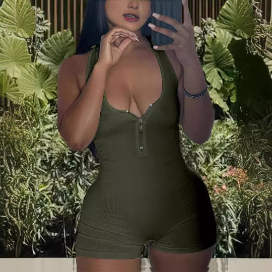 Damen Jumpsuit mit tiefem Ausschnitt und Reißverschluss EB