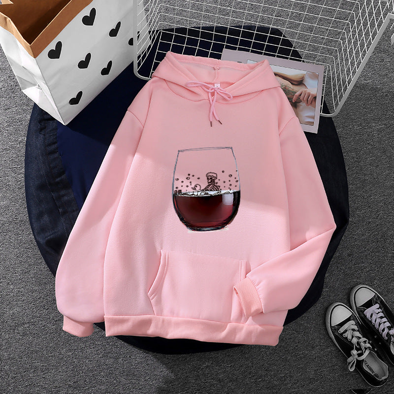 Damen nan lässiger Kapuzenhoodie mit fotorealistischer Weinglas‑Grafik, Kängurutasche und weichem Fleece EB