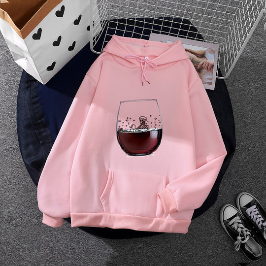 Damen nan lässiger Kapuzenhoodie mit fotorealistischer Weinglas‑Grafik, Kängurutasche und weichem Fleece EB