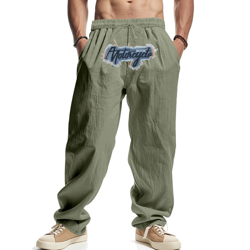 Herren Locker sitzende Leinenoptik-Relaxhose mit elastischem Bund, Kordelzug & Frontprint EB
