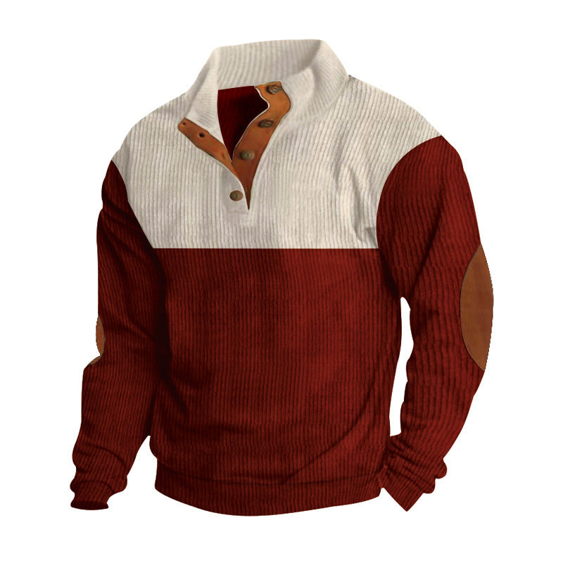 Herren nan Rippenstrickpullover mit Stehkragen Knopfleiste und Leder-Ellbogenpatches EB