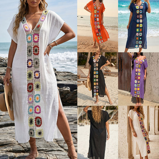 Damen Häkel-Strandkimono mit floralem Patchwork-Design EB