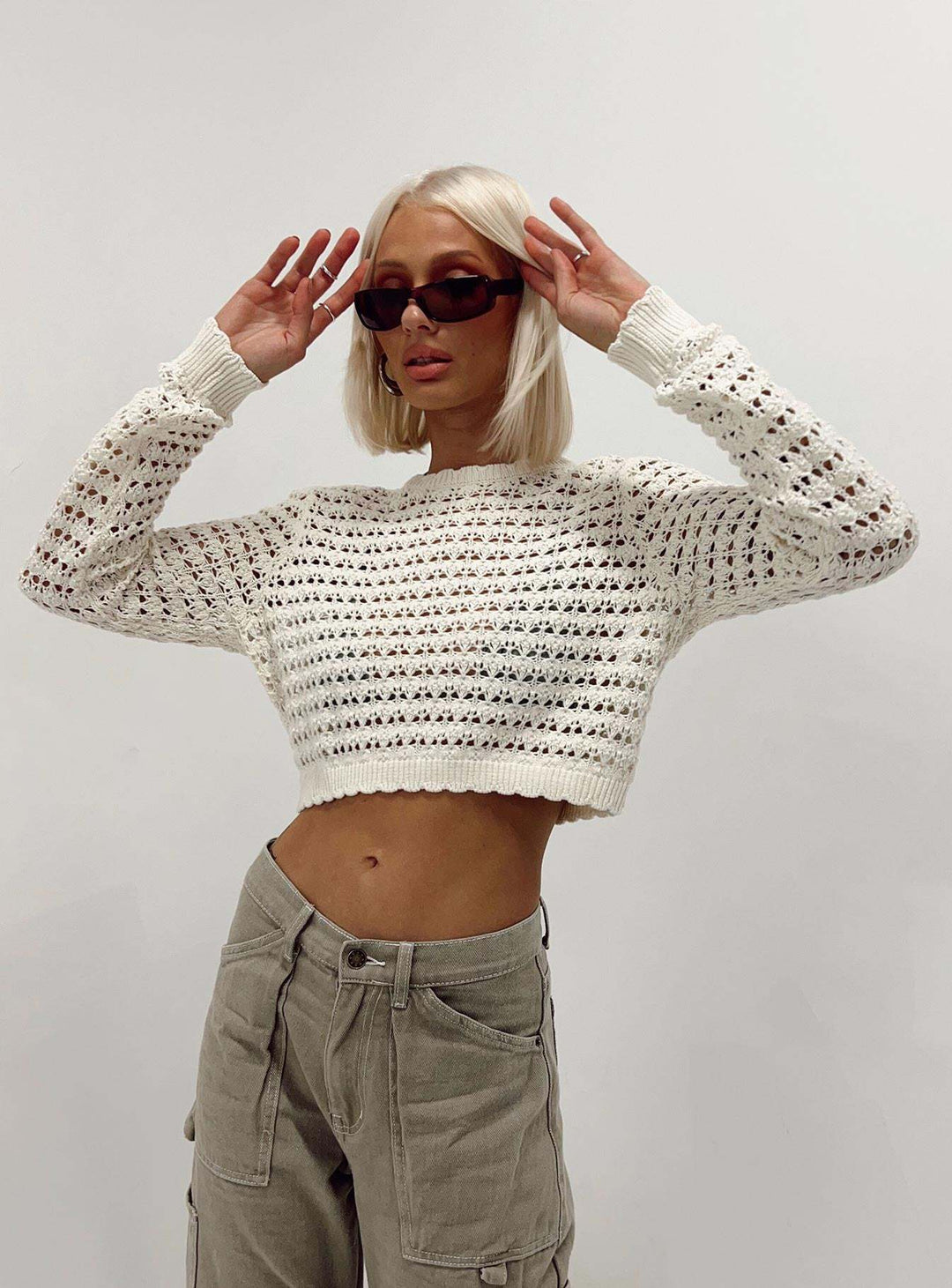 Damen gehäkeltes Crop-Top mit modischer Lochstruktur EB