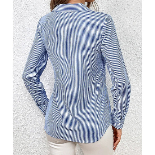 EB | Shirt Slim Fit Wickelstil Vertikale Streifen Taillenschnürung Lange Ärmel