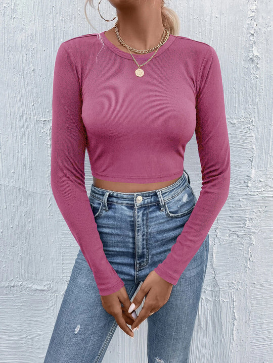 Damen figurnahes geripptes Crop-Longsleeve mit Rundhalsausschnitt und formstabiler Stretchfaser Eichborn Berlin
