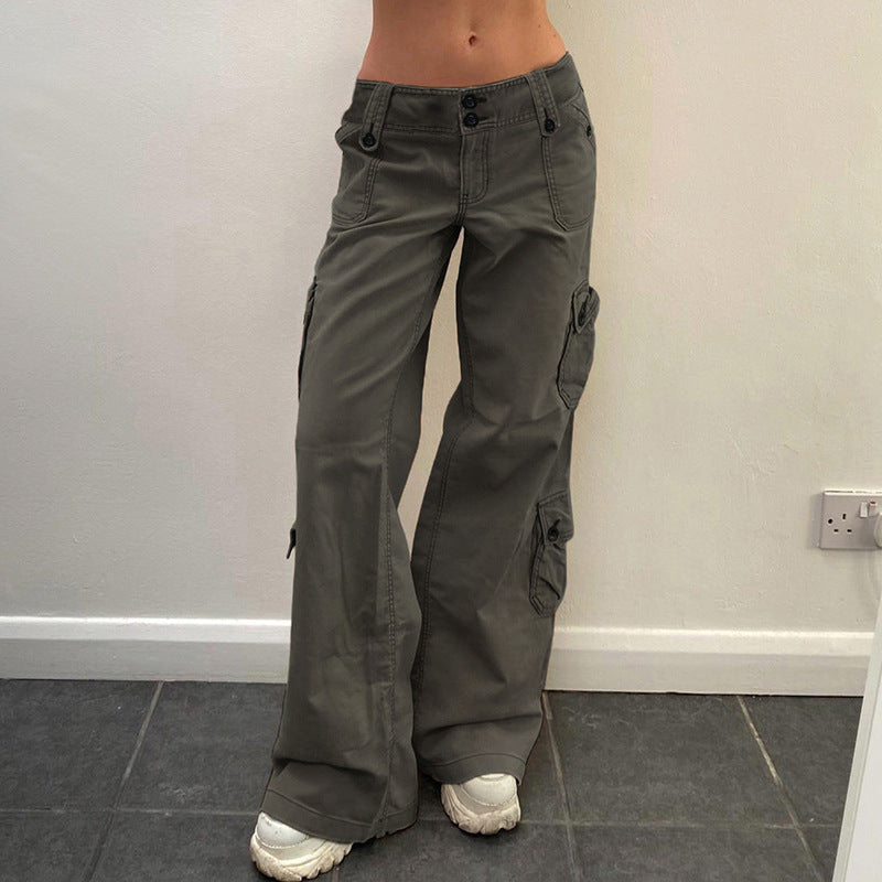 Damen nan hohe Taille Cargo-Hose mit geradem Bein, mehrfachen Klappentaschen und markanten Knopfdetails EB