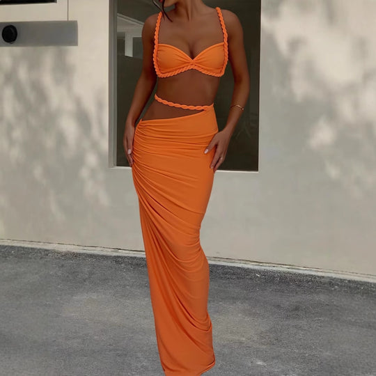 Damen Strandbekleidungs-Set mit geflochtenem Oberteil und elegantem Wickelrock EB