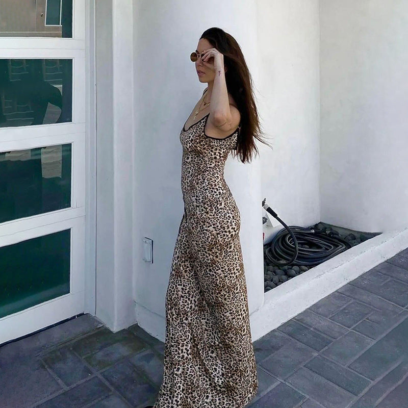 Damen elegantes Maxikleid mit tierischem Muster und schmalen Trägern EB