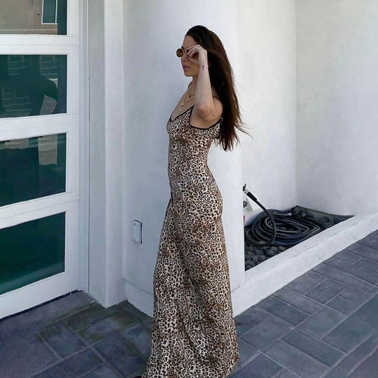 Damen elegantes Maxikleid mit tierischem Muster und schmalen Trägern EB