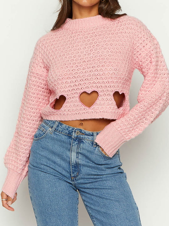 Damen Grob gestrickter Pullover mit Herzverzierungen und lockerem Schnitt EB