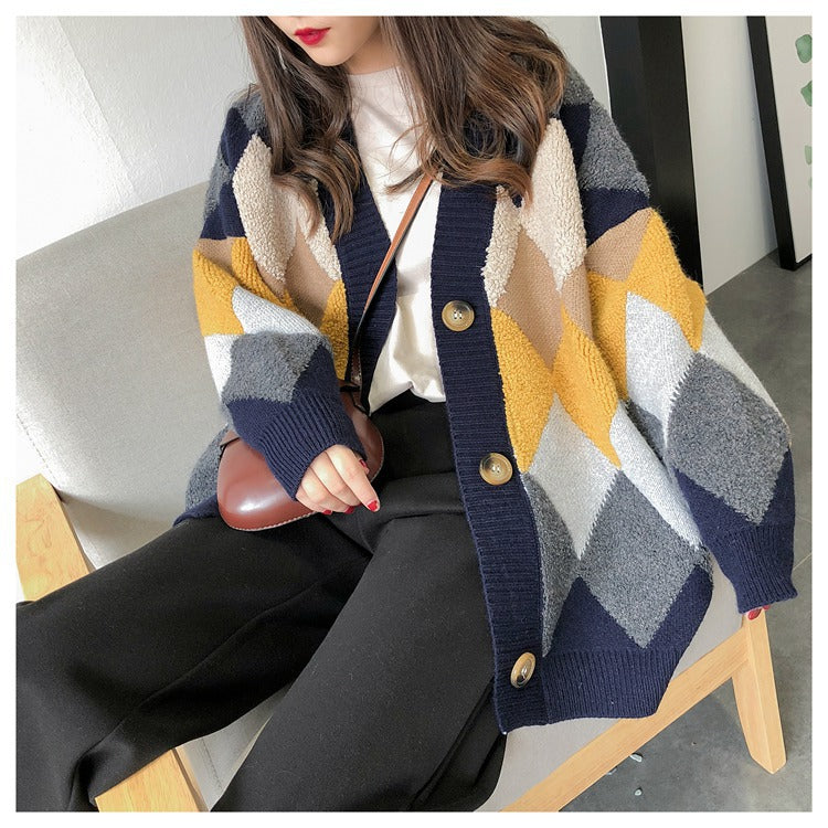 Damen Grobstrick Cardigan mit geometrischem Muster und großen Taschen EB