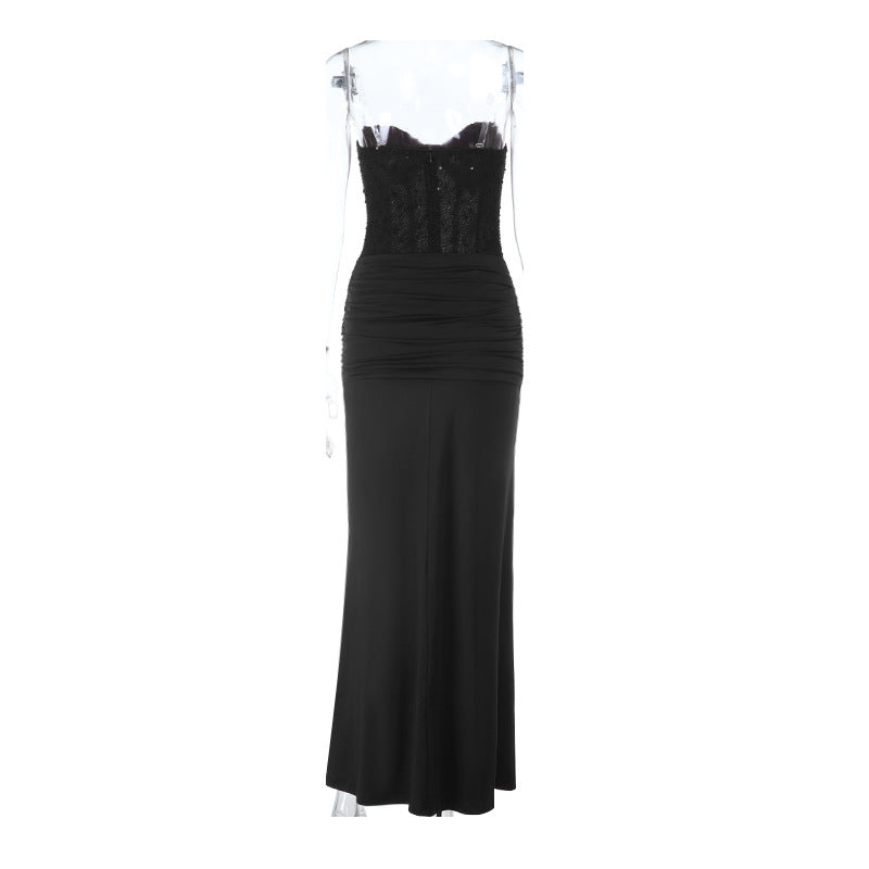 Damen schickes Maxikleid mit elegantem Bustier-Oberteil und gerafftem Rock EB