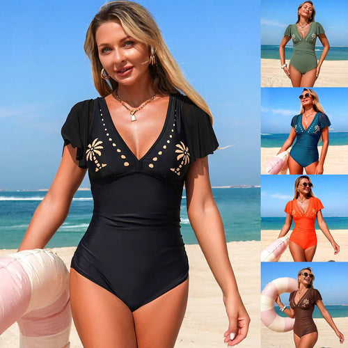 Damen eleganter Einteiler Badeanzug mit verspielten Rüschen und Cut-Out-Details EB