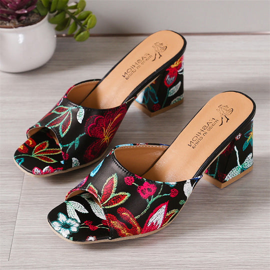 Damen Offene Mules mit floralem Muster und komfortablem Blockabsatz EB