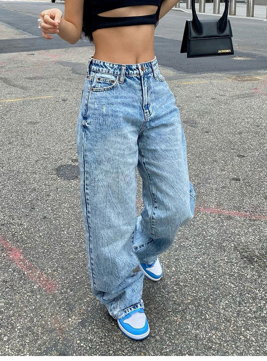 Damen nan weite High-Waist Baggy-Jeans mit tiefem Schritt, Five-Pocket Design und extra-langen Beinen EB