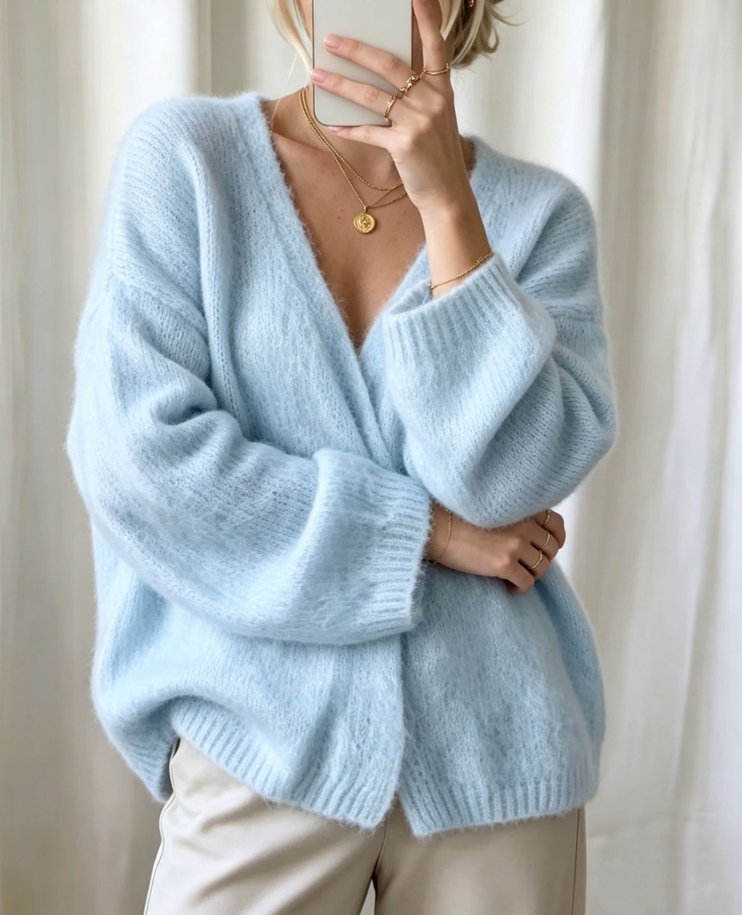 Damen Offener Fluffy-Feinstrick-Cardigan mit tiefem V‑Ausschnitt und legerer Oversize‑Silhouette EB