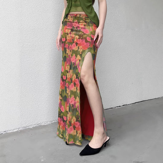 Damen Maxi-Rock mit floralem Chiffon-Design und seitlichem Schlitz EB