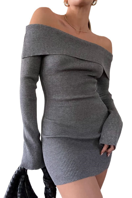 Damen figurbetontes, off-shoulder Strickkleid mit langen Ärmeln EB
