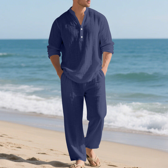 Herren komfortables Homewear-Set mit eleganter Knopfleiste und langen Hosen EB