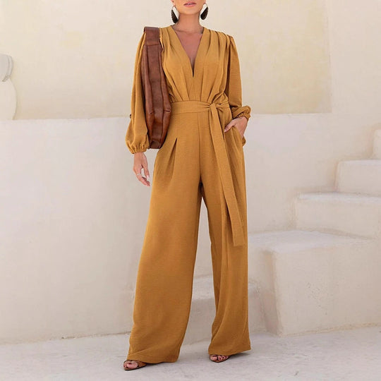 Damen Eleganter Palazzo-Jumpsuit mit tiefem V‑Ausschnitt, Bindegürtel und Ballonärmeln EB