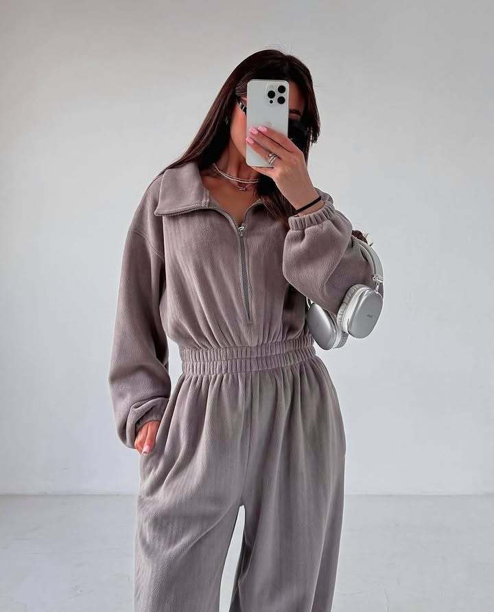 Damen kuscheliger Plüsch-Jumpsuit mit halbem Reißverschluss und elastischer Taille EB
