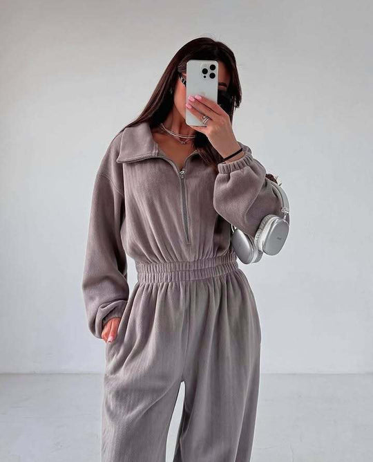 Damen kuscheliger Plüsch-Jumpsuit mit halbem Reißverschluss und elastischer Taille EB