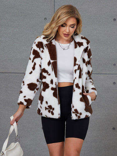 Damen Kuschelige Kunstpelzjacke mit tierischem Muster EB