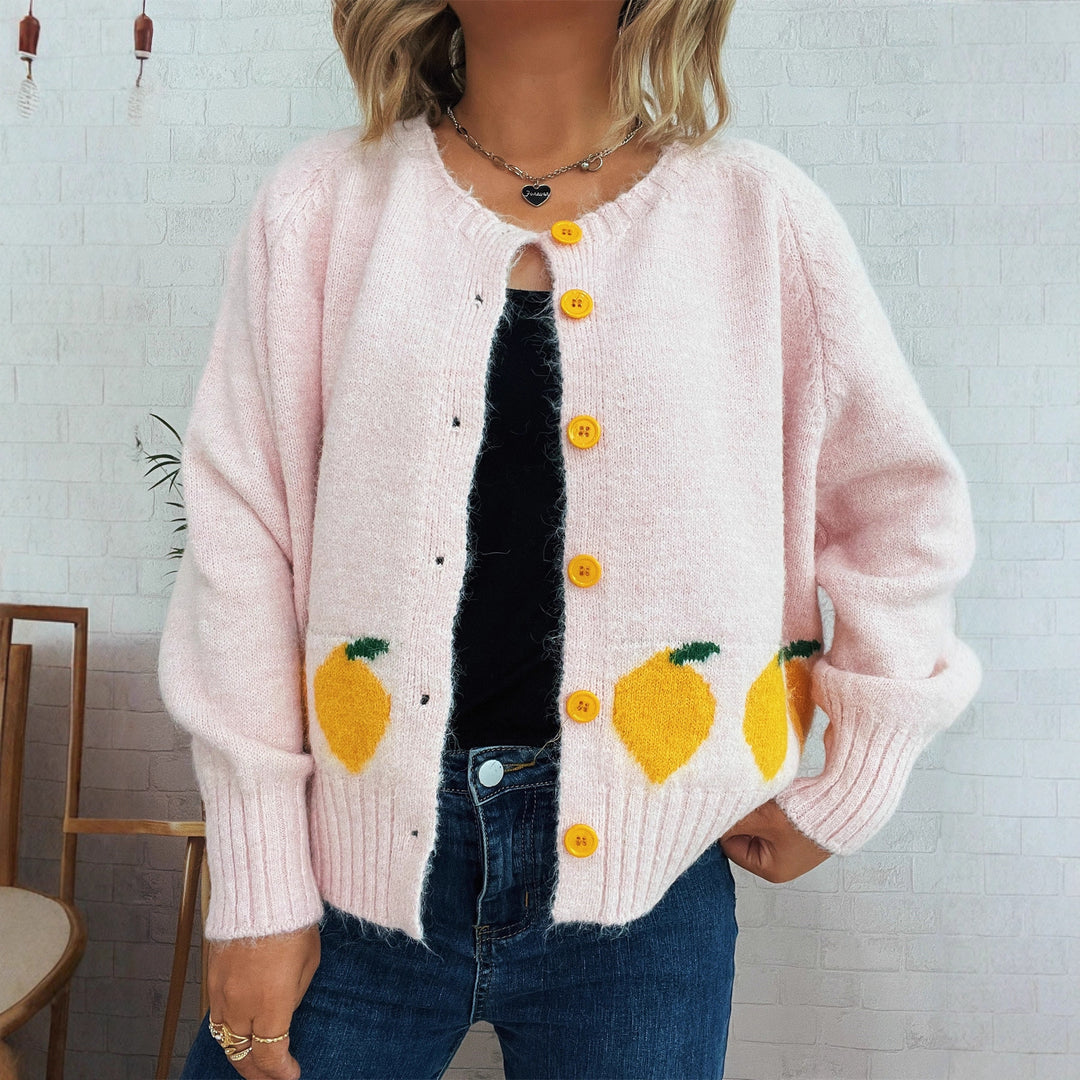 Damen Strickjacke mit fruchtigem Motiv und Knopfdetails EB