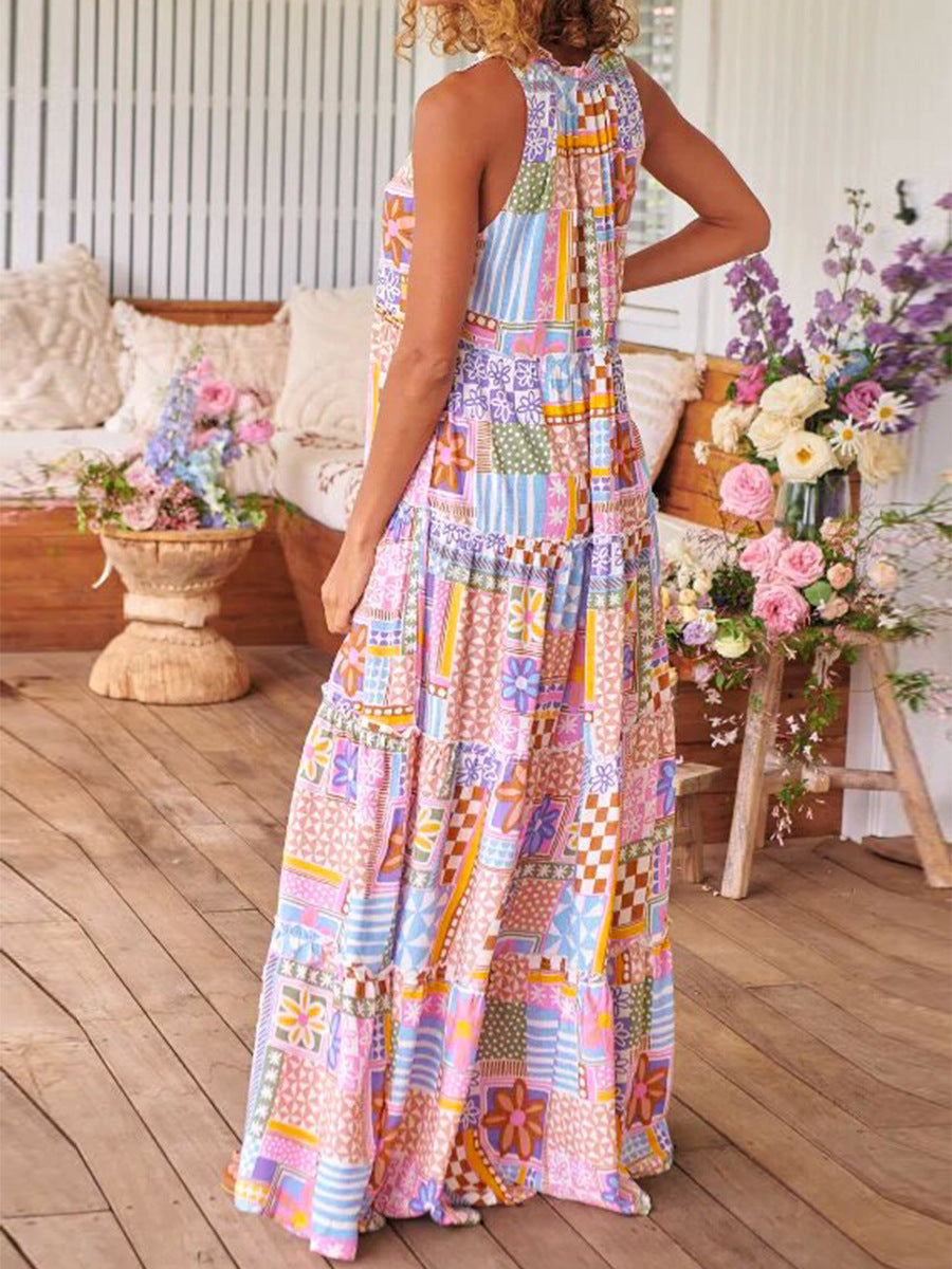 Damen Maxikleid mit buntem Patchwork-Muster EB