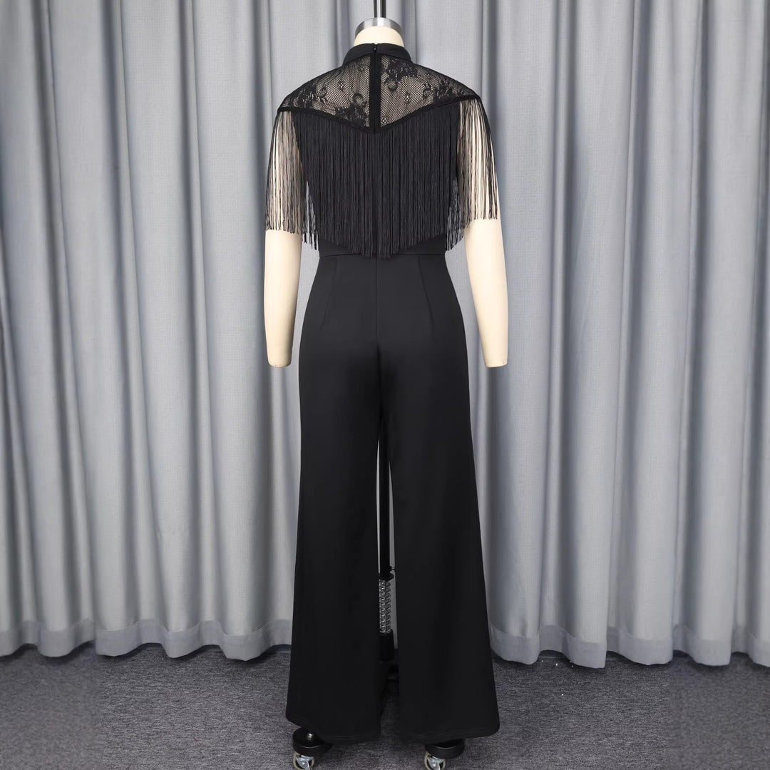 Damen Eleganter Jumpsuit mit schickem Fransen und Spitzenakzenten EB