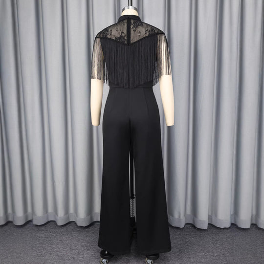 Damen Eleganter Jumpsuit mit schickem Fransen und Spitzenakzenten EB