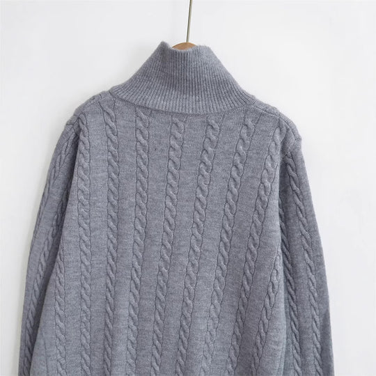 Damen Strickpullover mit kurzem Reißverschluss und Zopfmuster EB