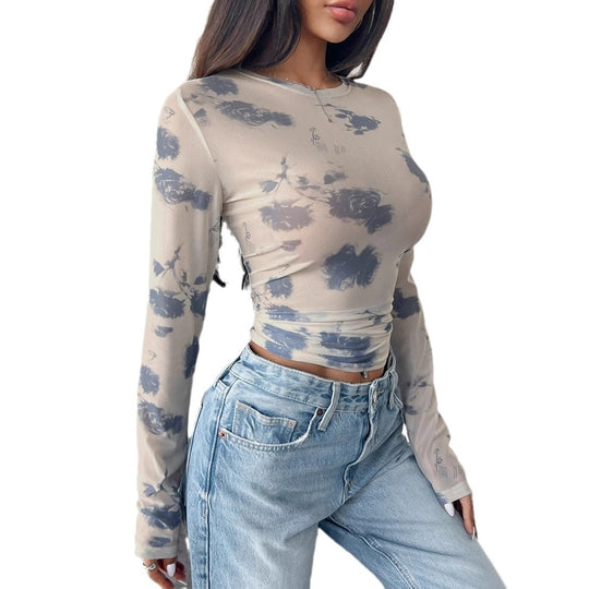 Damen nan figurbetontes tailliertes bauchfreies Mesh-Oberteil mit Rundhals, verlängerten Ärmeln, Daumenlöchern und dezentem Batikmuster EB