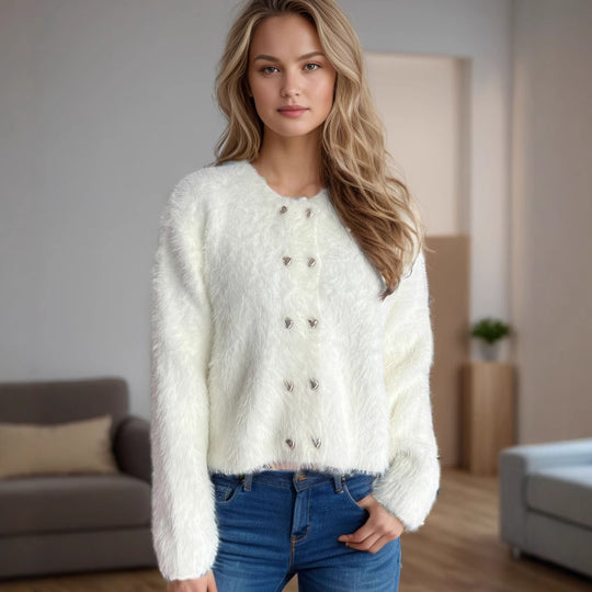 Damen flauschige Strickjacke mit herzförmigen Knöpfen und lockerer Passform EB