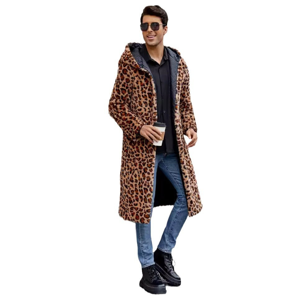 Herren Eleganter Kunstfellmantel mit Leopardenmuster EB
