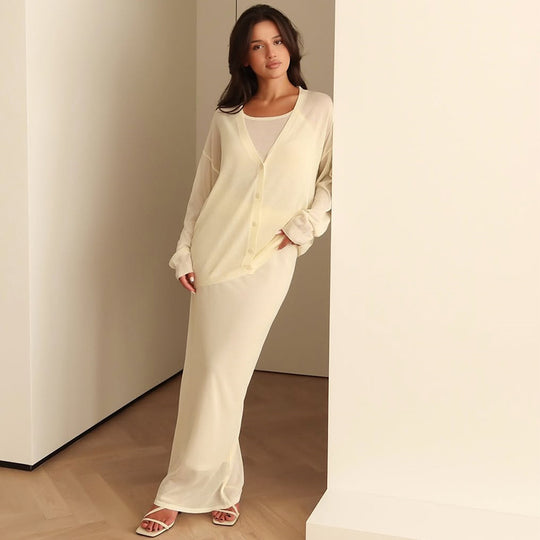 Damen langes Joint-Kleid mit offenem Cardigan EB