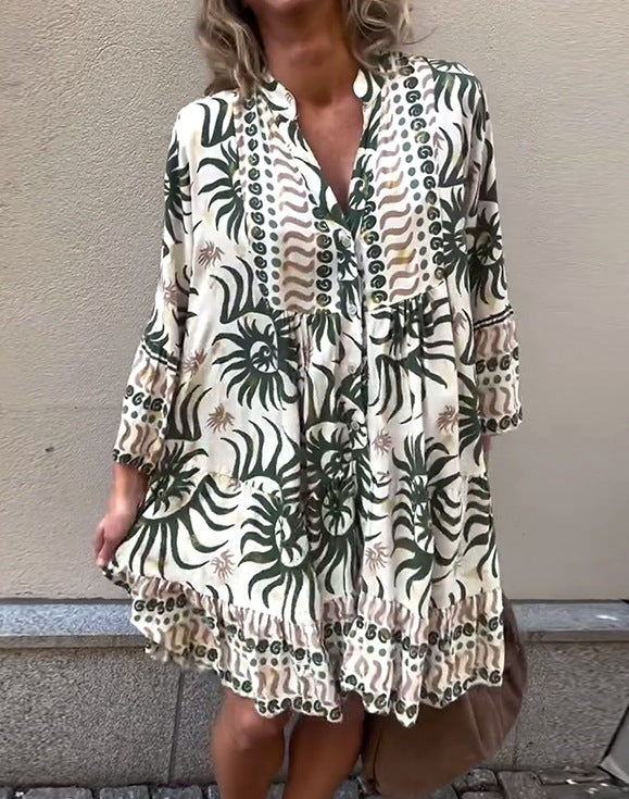 Damen nan locker geschnittenes Boho-Tunikakleid mit V-Ausschnitt geraffter Empire-Naht und Volant-Saum EB