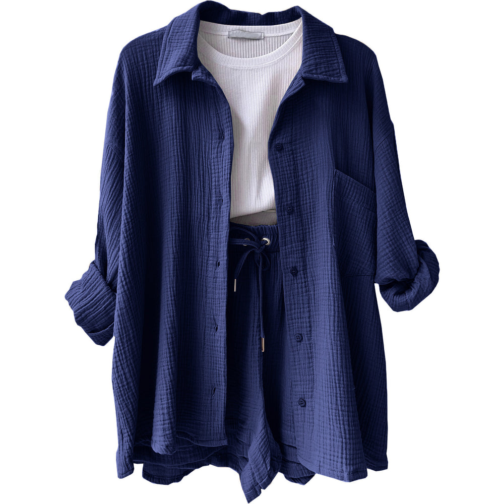 Damen lässiges Oversize-Hemd mit kurzem Schnitt und praktischen Taschen EB