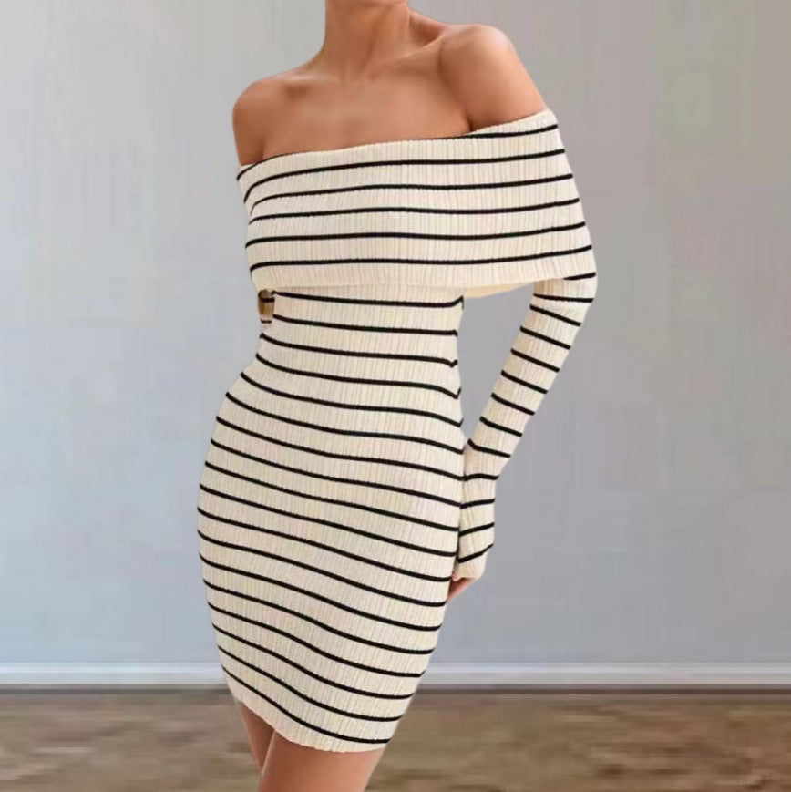 Damen Off-Shoulder Strickkleid mit langen Ärmeln und Streifenmuster EB
