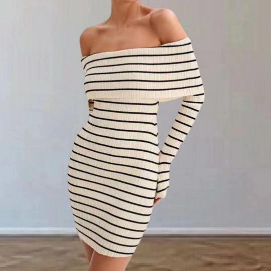 Damen Off-Shoulder Strickkleid mit langen Ärmeln und Streifenmuster EB