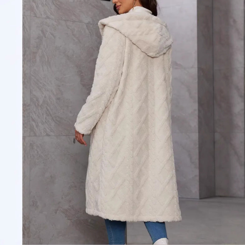 Damen Fluffy Mantel mit Kapuze und Knopfverschluss EB