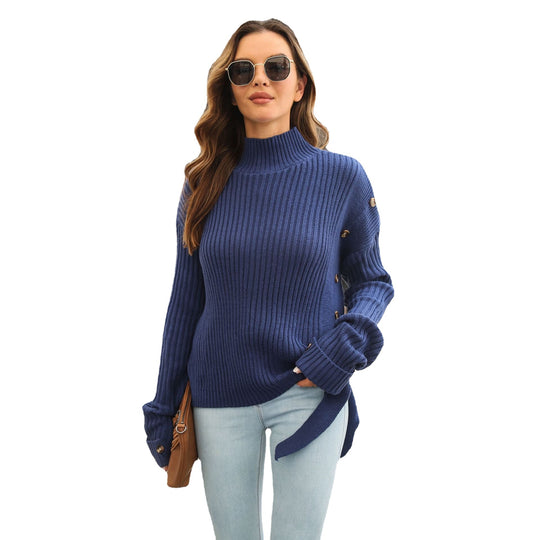 Damen Grobstrickpullover mit hochgeschlossenem Hals und dekorativen Knopfdetails EB