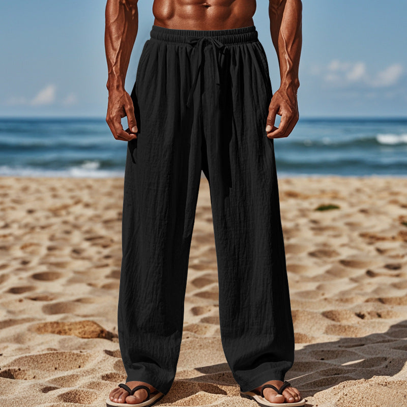 Herren Leichte Leinenhose mit weitem Schnitt, Elastikbund und Kordelzug EB