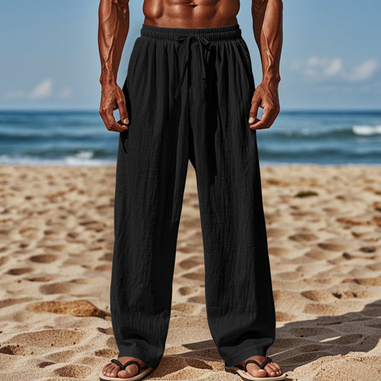Herren Leichte Leinenhose mit weitem Schnitt, Elastikbund und Kordelzug EB