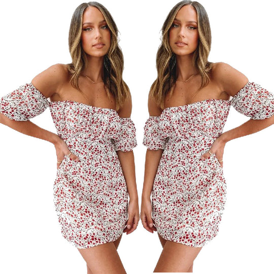 Damen Off-Shoulder Minikleid mit voluminösen Ärmeln und floralem Design EB
