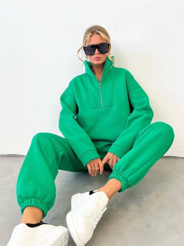 Damen nan weiches Oversize-Halbzip-Loungewear-Set mit hohem Stehkragen und taillierter Jogginghose EB