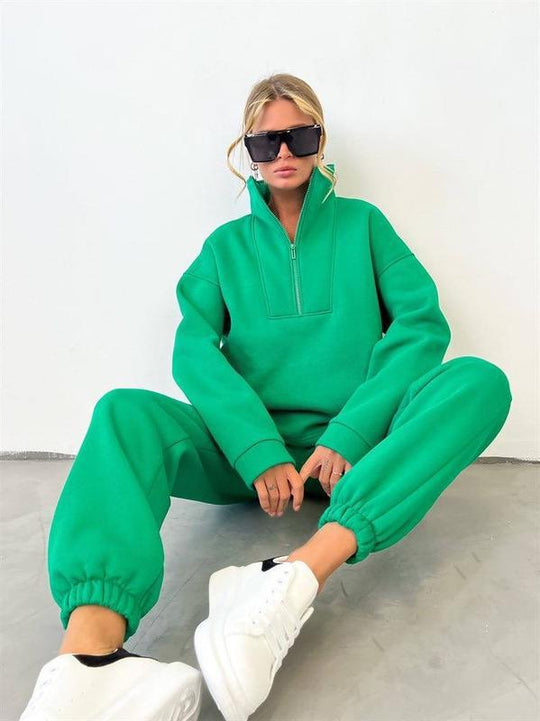 Damen nan weiches Oversize-Halbzip-Loungewear-Set mit hohem Stehkragen und taillierter Jogginghose EB
