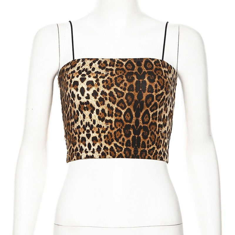 Damen trendiges Crop-Top mit animalischem Print und schmalen Spaghetti-Trägern EB