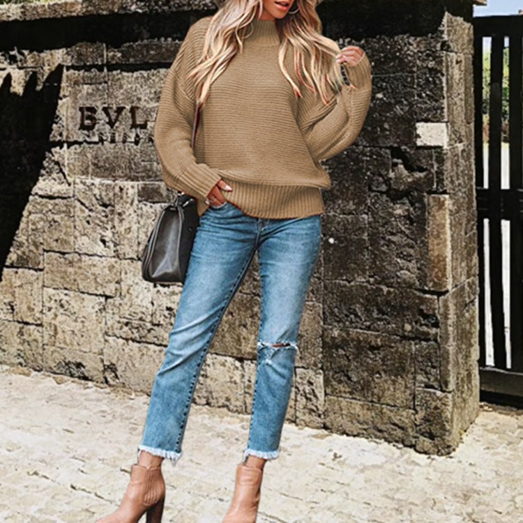 Damen Grobstrickpullover mit hohem Kragen und Ballonärmeln EB